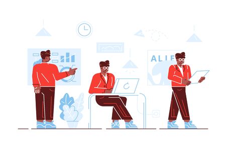 Business man characters. Business mans in casual clothes. character with different poses and actions. Vector illustration flat design isolated on white background.のイラスト素材