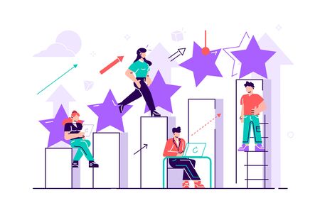 The best estimate of performance. Vector. The score of five points. People leave feedback and comments, successful work is the highest score. Flat style vector illustration on white background.のイラスト素材