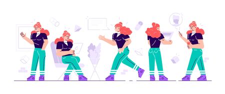 Business woman characters. Business women in casual clothes. character with different poses and actions. Vector illustration flat design isolated on white background.のイラスト素材