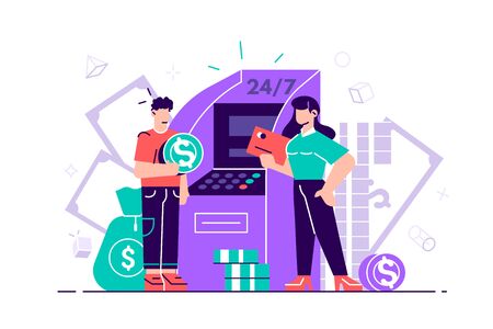 People near ATM machine, female assistant helping clients, Vector illustration, perform financial transactions using ATM. Consultant near automated teller machine for customer with coins around.のイラスト素材