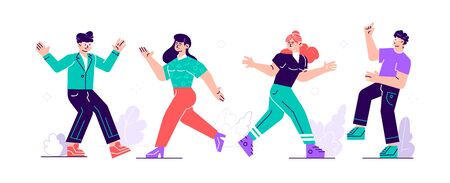 Group of young happy dancing people or male and female dancers. Smiling young men and women enjoying dance party. Colorful vector illustration in flat cartoon style. isolated on white background.のイラスト素材