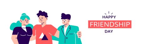 Happy friendship day web banner with diverse friend group of people hugging together. Young generation team hug on social event holiday.Flat style modern design vector illustration for web page, cardsのイラスト素材