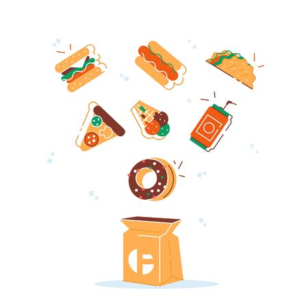 Cooking collection background fast food. Fast food hamburger dinner and restaurant, tasty set fast food many meal and unhealthy fast food classic nutrition.Flat style modern design vector illustrationのイラスト素材