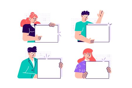 Collection of smiling young men and women holding clean placards. Bundle of joyful male and female cartoon characters demonstrating empty banners. Modern colorful vector illustration in flat styleのイラスト素材