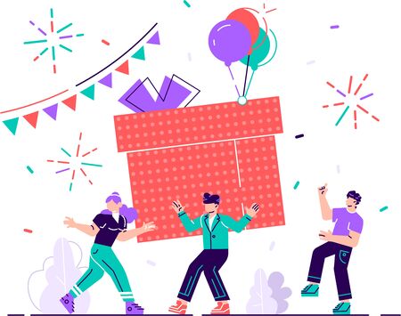 Happy Birthday Party Celebration with Friend. Gift Design for Christmas Greeting Event. Company Friendship Decoration Concept. Anniversary Confetti for Funny Surprise Flat Cartoon Vector Illustrationのイラスト素材