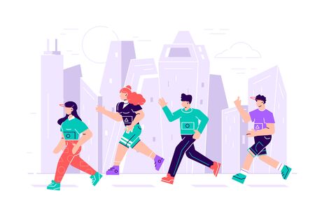 Men and women dressed in sports clothes running marathon race. Participants of athletics event trying to outrun each other. Flat cartoon characters isolated on white background. Vector illustrationのイラスト素材