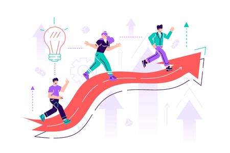 Male and female office workers, managers or clerks climbing on ascending chart.Business goal achievement,career ladder progress and advancement, professional competition.Flat style vector illustrationのイラスト素材