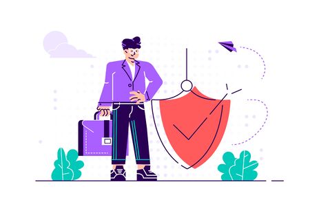 Modern vector illustration. Woman is holding a shield covering from attacks. Protection, insurance, from business dangers concept. Flat style modern design vector illustration for web page, cardsのイラスト素材