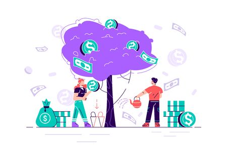 Business investment profit flat vector illustration. Revenue and income metaphor. Businessman and businesswoman characters picking cash from money tree. Investors strategy, funding concept.Flat vectorのイラスト素材