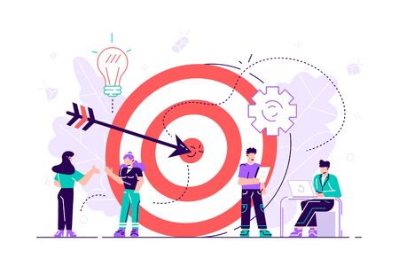 Businessmen working and woman at big target with arrow. Goals and objectives, business grow and plan, goal setting concept on white background. Flat bright vibrant violet vector isolated illustrationのイラスト素材