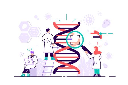 Genetic DNA science vector illustration concept. Showing a group of scientist investigating DNA, suitable for landing page, ui, web, App intro card, editorial, flyer, and banner. Flat style vectorのイラスト素材