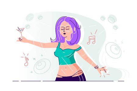 Young happy dancing woman and female dancers isolated on white background. Smiling young woman enjoying dance party. Colorful vector illustration in flat cartoon style. Relaxing at dance floorのイラスト素材