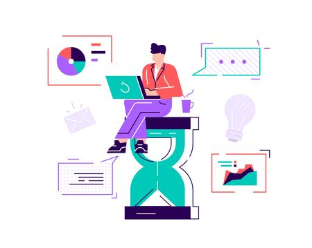 Happy handsome office worker sitting on an hourglass and doing several actions at the same time. Multitasking, productivity and time management concept. Flat style vector illustrationのイラスト素材