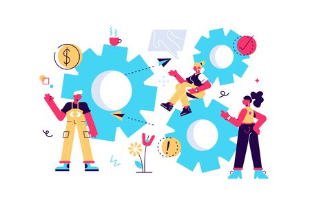 Little people links of mechanism. Business mechanism. Abstract background with gears. People are engaged in business promotion, strategy analysis, communicate concept. Business vector illustrationのイラスト素材
