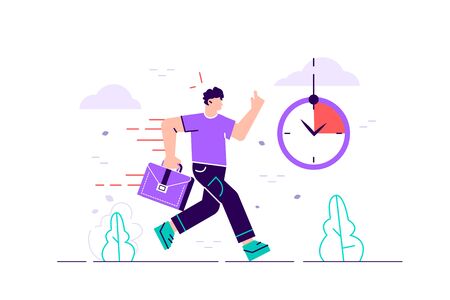 Office worker character running with back on fire. Deadline and rush hour. Flat style modern design vector illustration for web page, cards, poster, social media.のイラスト素材