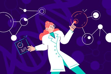 Female scientist in lab coat checking artificial neurons connected into neural network....