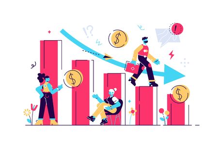 Bankruptcy vector illustration. Flat tiny person concept with broke company. Sinking business process in financial crisis. Economical loan payback problem and investment failure and budget collapseのイラスト素材