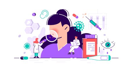 Allergy vector illustration. Flat tiny dust asthmatic intolerance person concept. Illness with cough, cold and sneeze symptoms. Allergen drugs, food and air reaction. Pharmacy therapy and tissue help.のイラスト素材