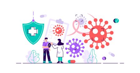 Oncology vector illustration. Flat tiny cancer disease research persons concept. Abstract symbolic fight against illness with pharmacy pills and medicine. Radiology diagnosis and sickness therapy.のイラスト素材