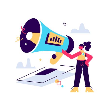 Social media marketing. Audience attraction campaign, advertising business, public announcement.Internet influencer with megaphone cartoon character. Flat vector isolated concept metaphor illustrationのイラスト素材