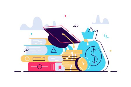 Investment in education. Scholarship. Books, graduation hat and stack of coins. Education in Global world, Graduation cap on books stack. Concept of global business study, abroad educational.のイラスト素材