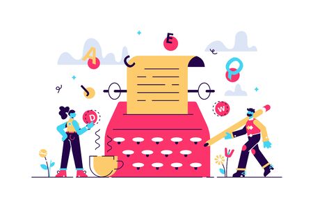 Story vector illustration. Flat tiny literature text author persons concept. Abstract fantasy book writing. Narrative scene development with typewriter. Literature type with creative idea imagination.のイラスト素材