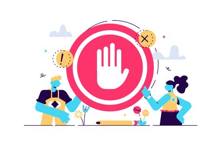 Stop sign vector illustration. Flat tiny prohibition no gesture person concept. Symbolic warning, danger or safety caution information. Forbidden entry or restricted area ban or blocked road alert.のイラスト素材