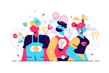 Behavior vector illustration. Flat tiny feelings expression persons concept. Various facial emotion and gestures communication styles collection. Personality type and psychological mindset difference.のイラスト素材