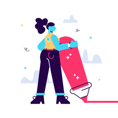 Young female character drawing with a huge highlighter, underliningのイラスト素材