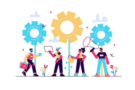 Flat vector illustrations, team work on finding new ideas, little peopleのイラスト素材