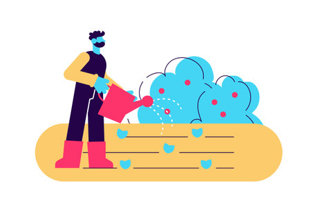 Smiling male farmer watering seedbed vector flat illustrationのイラスト素材