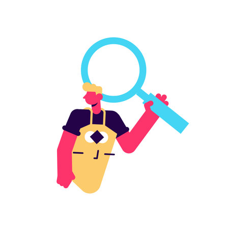 Builder man holding magnifying glass in handのイラスト素材