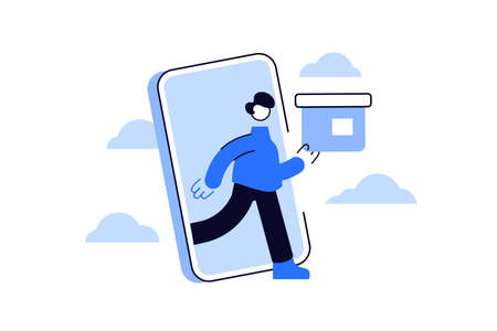 Man with box get off smartphone screenのイラスト素材