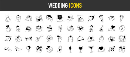 Wedding icon set. Such as ring, gift, gender sign, cake, shoes, glass, wine, couple, perfume, love, chat, romance, dinner and more icons. Premium style vector illustration.のイラスト素材