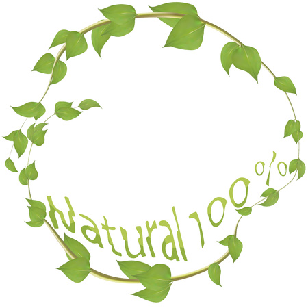 Round frame made of branches with leaves inscribed with natural for decoration. Vegetable green background for a greeting card, greeting card designのイラスト素材