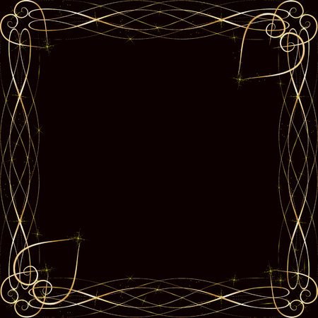 Vector golden frame with lights effects. Shining rectangle banner. on black background. Vector illustrationのイラスト素材