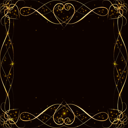 Vector golden frame with lights effects. Shining rectangle banner. on black background. Vector illustrationのイラスト素材