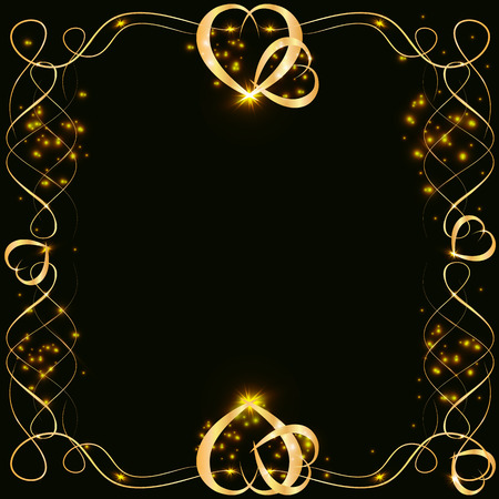 Vector golden frame with hearts effects of light. Preparation for postcard Christmas wedding Shining rectangle. on a black background. Vector illustrationのイラスト素材