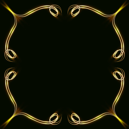 Gold frames with glare and radiance, blank for a card, isolated on black, wedding card,copy spaceのイラスト素材