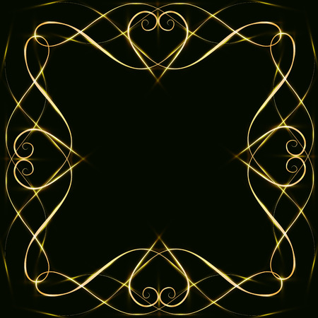 Gold frames with hearts, with glare and radiance, blank for a card, isolated on black, wedding card,copy spaceのイラスト素材