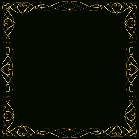 Gold frames with hearts, with glare and radiance, blank for a card, isolated on black, wedding card,copy spaceのイラスト素材