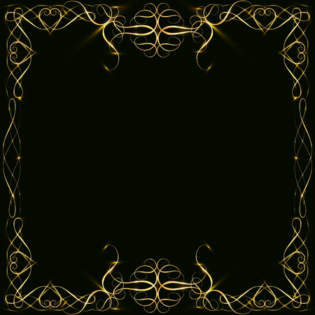 Gold frames with hearts, with glare and radiance, blank for a card, isolated on black, wedding card,copy spaceのイラスト素材
