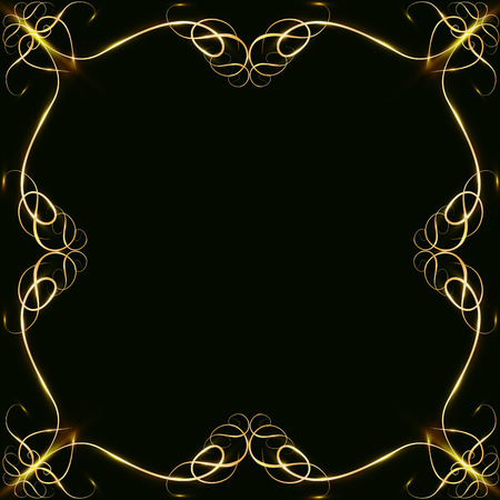 Gold frames with hearts, with glare and radiance, blank for a card, isolated on black, wedding card,copy spaceのイラスト素材