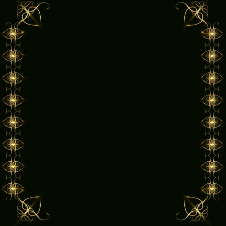 Gold frames with hearts, with glare and radiance, blank for a card, isolated on black, wedding card,copy spaceのイラスト素材