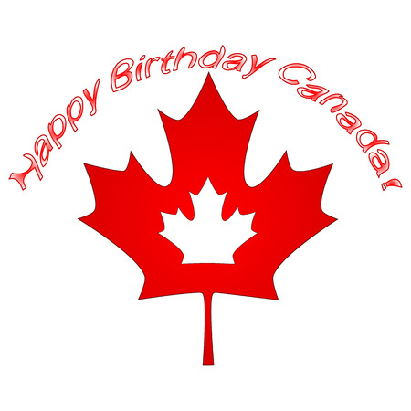 Vector illustration. Happy invitation design for Canada holiday. Red leaf isolated on white background. Greeting card calligraphic inscription.Shape card for July 1,1867のイラスト素材