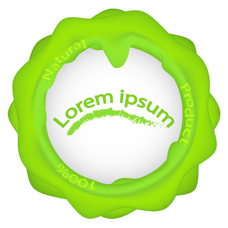 Logotype 100 natural product, green spot, green round logo with droplets and streaks, isolated on white, with a wire under the textの写真素材