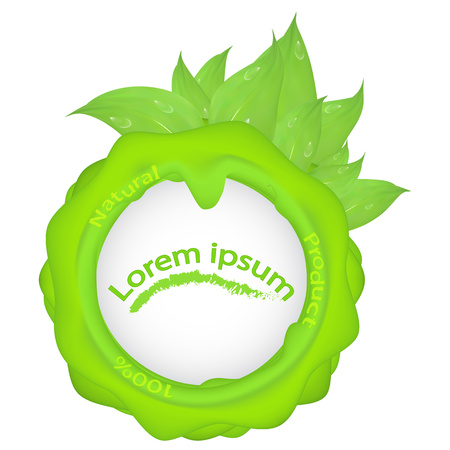 Green round seal with leaves and drops of water and inscription natural product, with stains isolated on white background, label, packing headのイラスト素材
