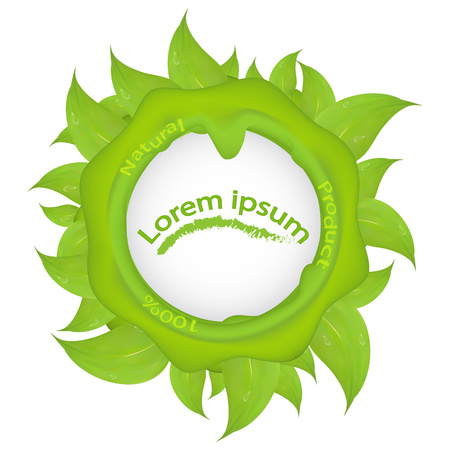 Green round seal with leaves and drops of water and inscription natural product, with stains isolated on white background, label, packing headのイラスト素材