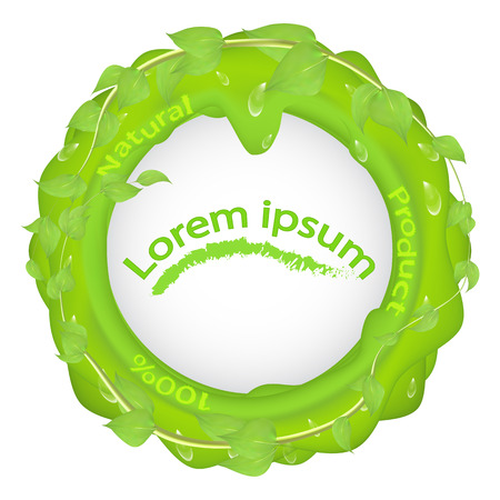 Green BLOB with branches leaves and dew drops and the inscription 100 natural product, with a place under the text in the middle isolated on a white background, label, packaging, clipartのイラスト素材