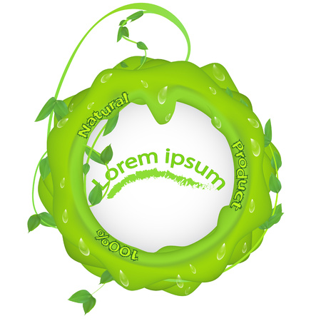 Green BLOB with branches leaves and dew drops and the inscription 100 natural product, with a place under the text in the middle isolated on a white background, label, packaging, clipartのイラスト素材